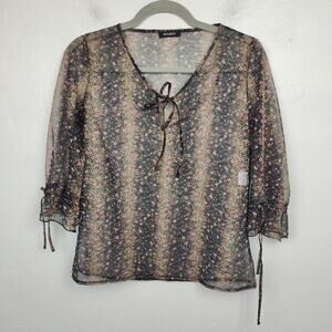 Mosaique Sheer Top Womens Large Black‎ Floral Keyhole Japanese Designer Preppy